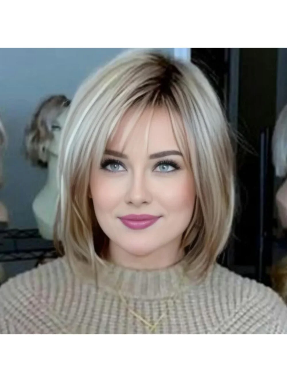 Women's Blonde Highlight 12 Inch Mid Length  Synthetic Straight Layered Bob Wigs